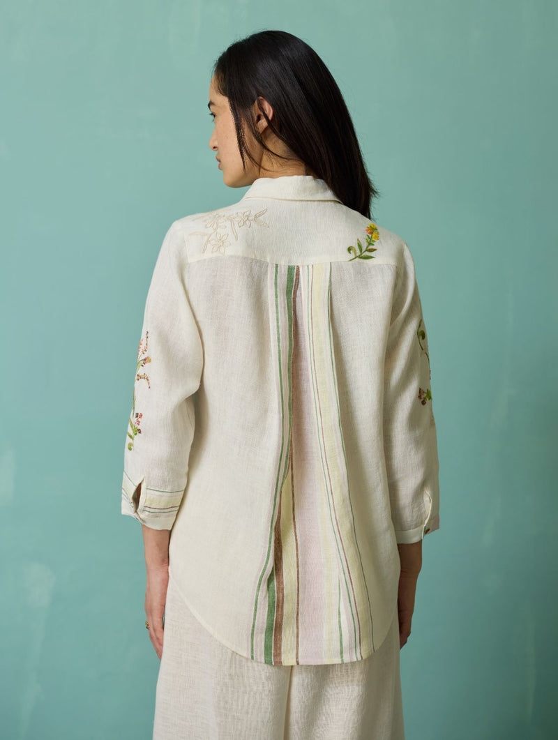 Kima Hand-Embroidered Floral Shirt - Ivory linen top/shirt by Manan in ivory for women in Singapore
