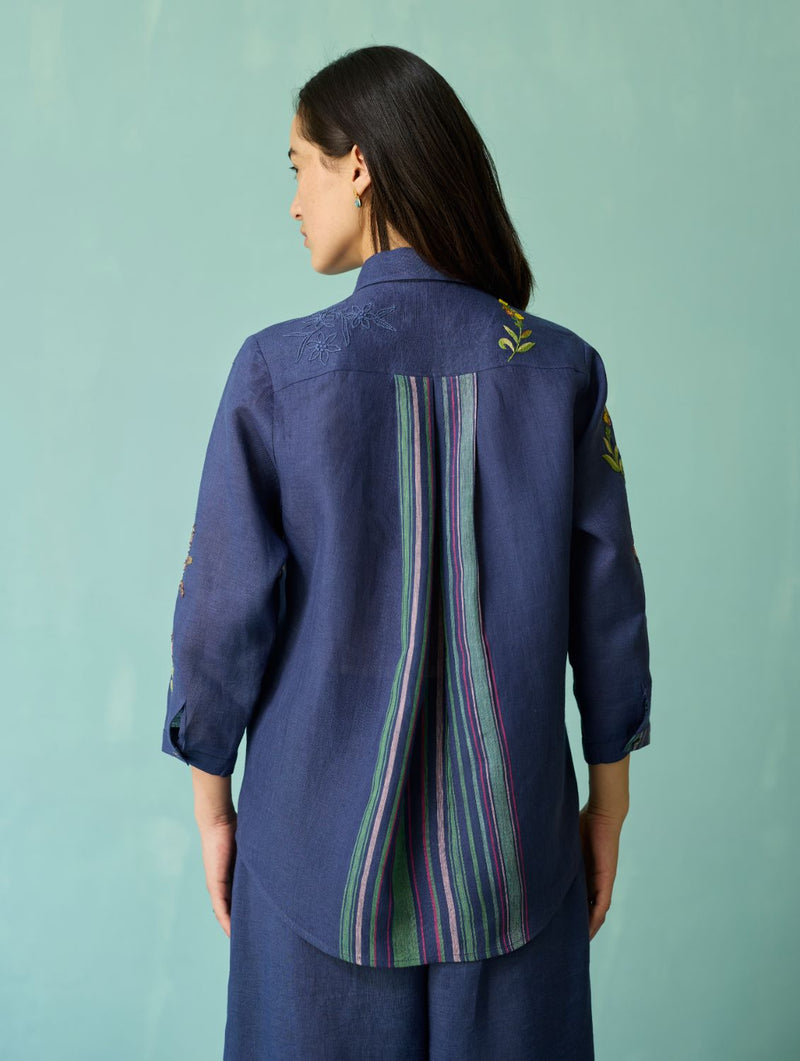 Kima Hand-Embroidered Floral Shirt - Indigo linen top/shirt by Manan in navy for women in Singapore