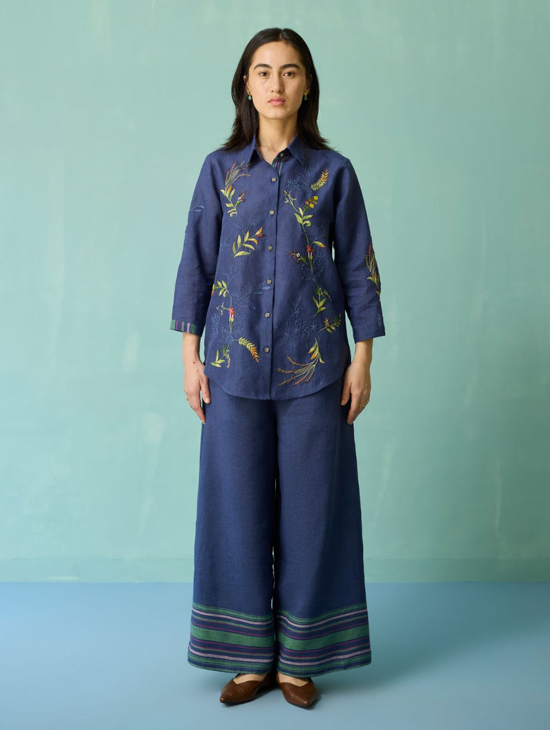 Kima Hand-Embroidered Floral Shirt - Indigo linen top/shirt by Manan in navy for women in Singapore