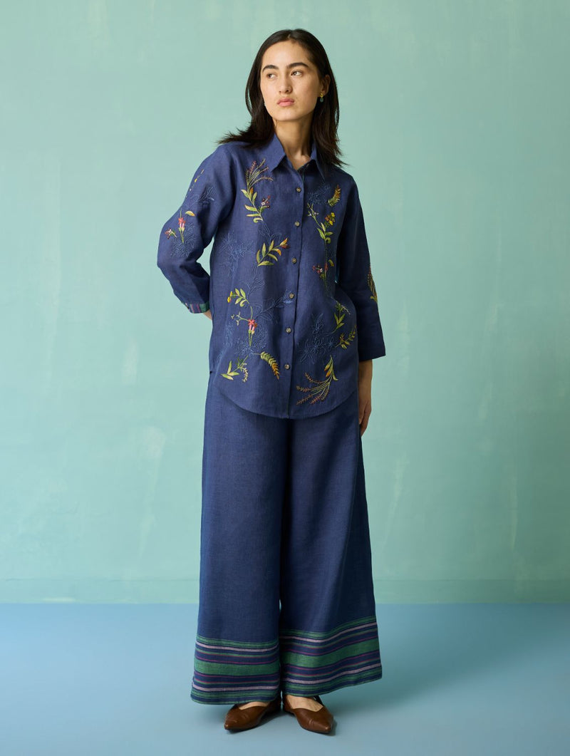 Kima Hand-Embroidered Floral Shirt - Indigo linen top/shirt by Manan in navy for women in Singapore