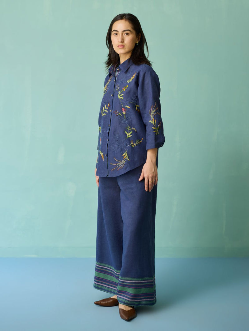Kima Hand-Embroidered Floral Shirt - Indigo linen top/shirt by Manan in navy for women in Singapore