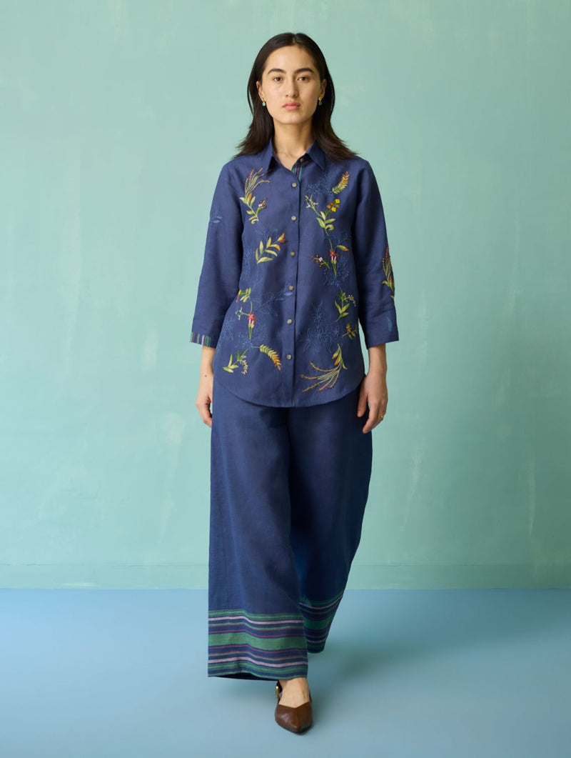 Kima Hand-Embroidered Floral Shirt - Indigo linen top/shirt by Manan in navy for women in Singapore
