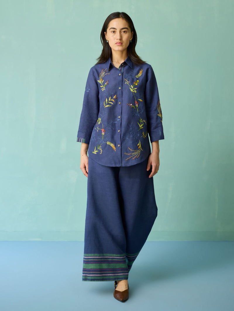 Kima Hand-Embroidered Floral Shirt - Indigo linen top/shirt by Manan in navy for women in Singapore