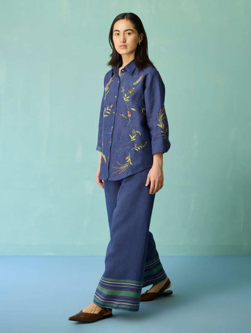 Kima Hand-Embroidered Floral Shirt - Indigo linen top/shirt by Manan in navy for women in Singapore