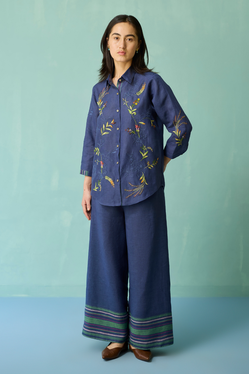 Kima Hand-Embroidered Floral Shirt - Indigo linen top/shirt by Manan in navy for women in Singapore