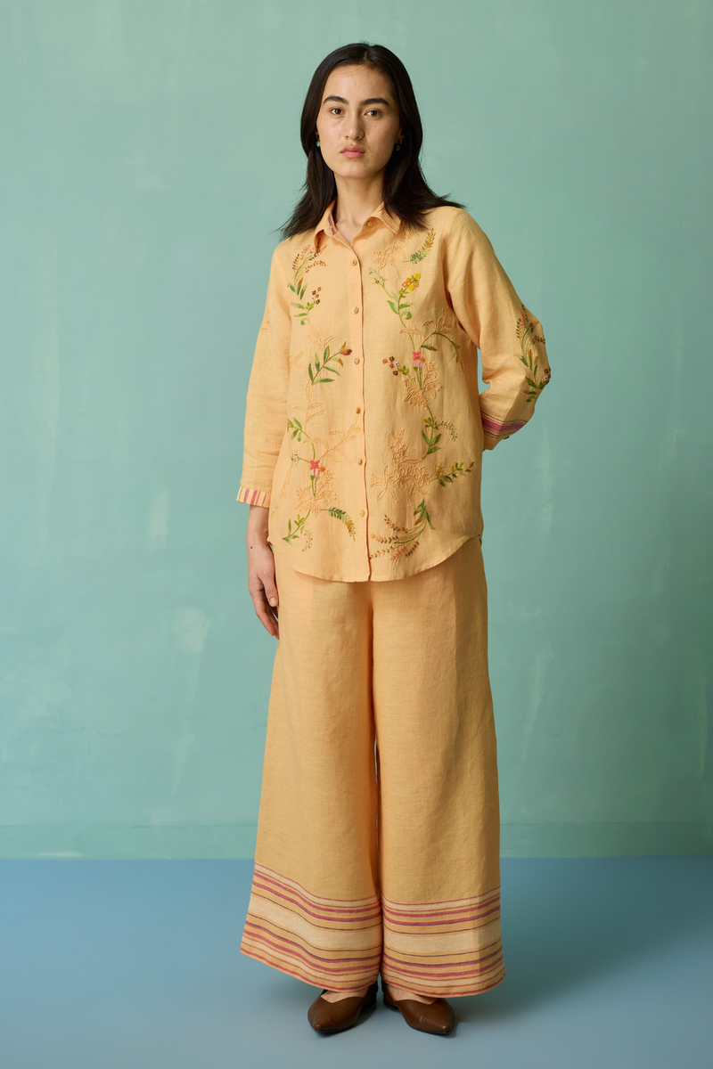 Kima Hand-Embroidered Floral Shirt - Apricot linen top/shirt by Manan in apricot for women in Singapore