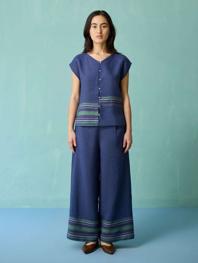 Xora Border Linen Cap-Sleeve Top - Indigo linen top/shirt by Manan in navy for women in Singapore