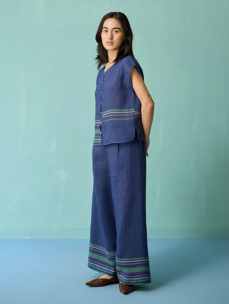 Xora Border Linen Cap-Sleeve Top - Indigo linen top/shirt by Manan in navy for women in Singapore