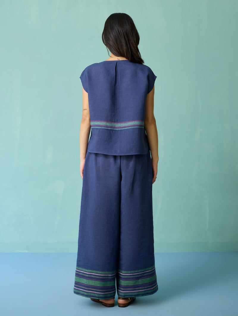 Xora Border Linen Cap-Sleeve Top - Indigo linen top/shirt by Manan in navy for women in Singapore
