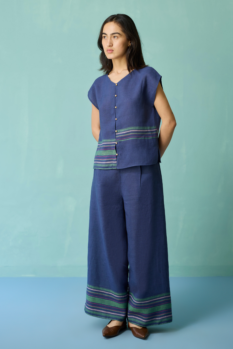 Xora Border Linen Cap-Sleeve Top - Indigo linen top/shirt by Manan in navy for women in Singapore