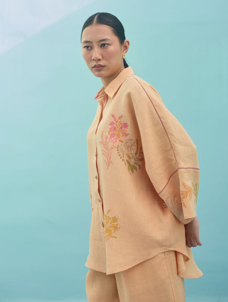 Iva Block Printed Floral Embroidered Shirt - Apricot linen top/shirt by Manan in apricot for women in Singapore