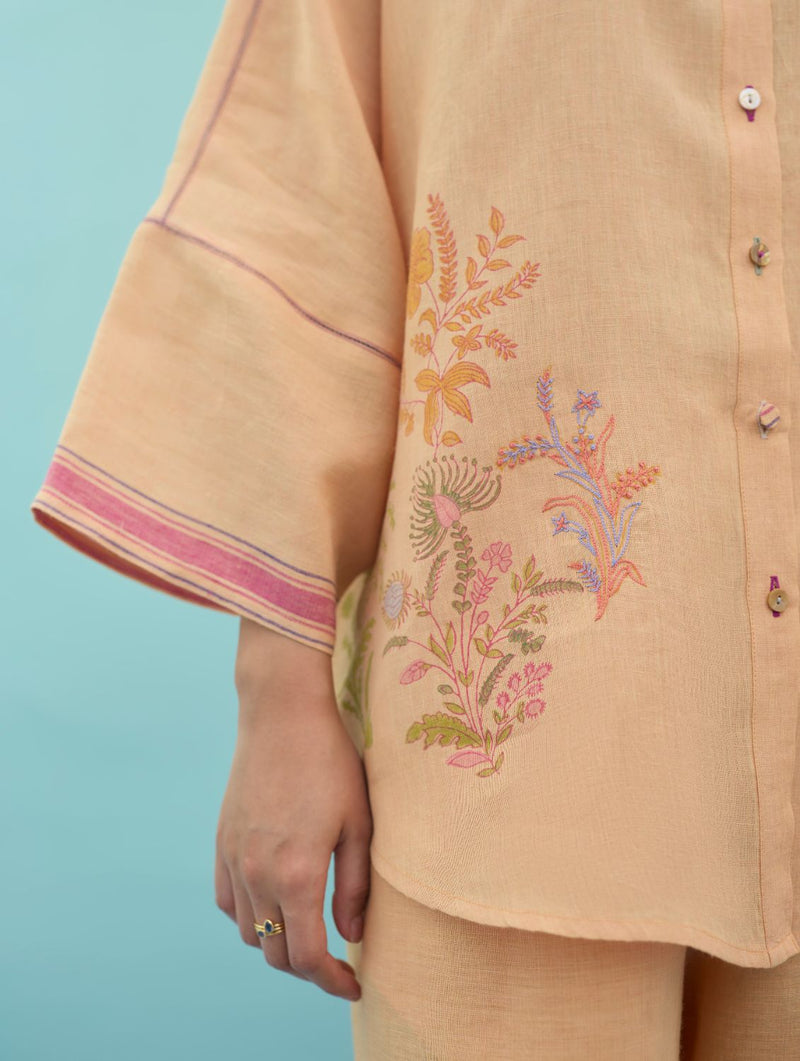 Iva Block Printed Floral Embroidered Shirt - Apricot linen top/shirt by Manan in apricot for women in Singapore