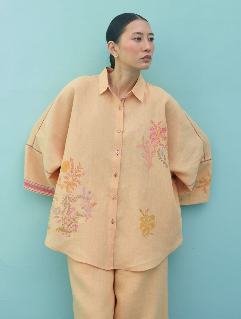 Iva Block Printed Floral Embroidered Shirt - Apricot linen top/shirt by Manan in apricot for women in Singapore
