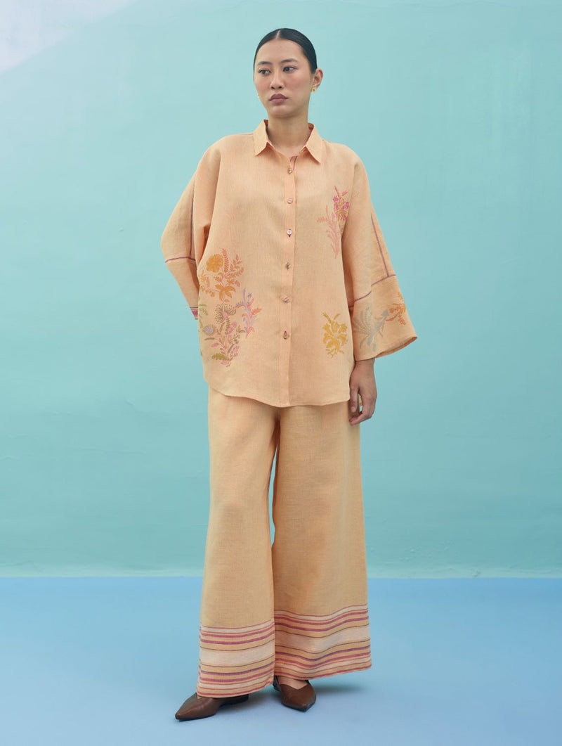 Iva Block Printed Floral Embroidered Shirt - Apricot linen top/shirt by Manan in apricot for women in Singapore