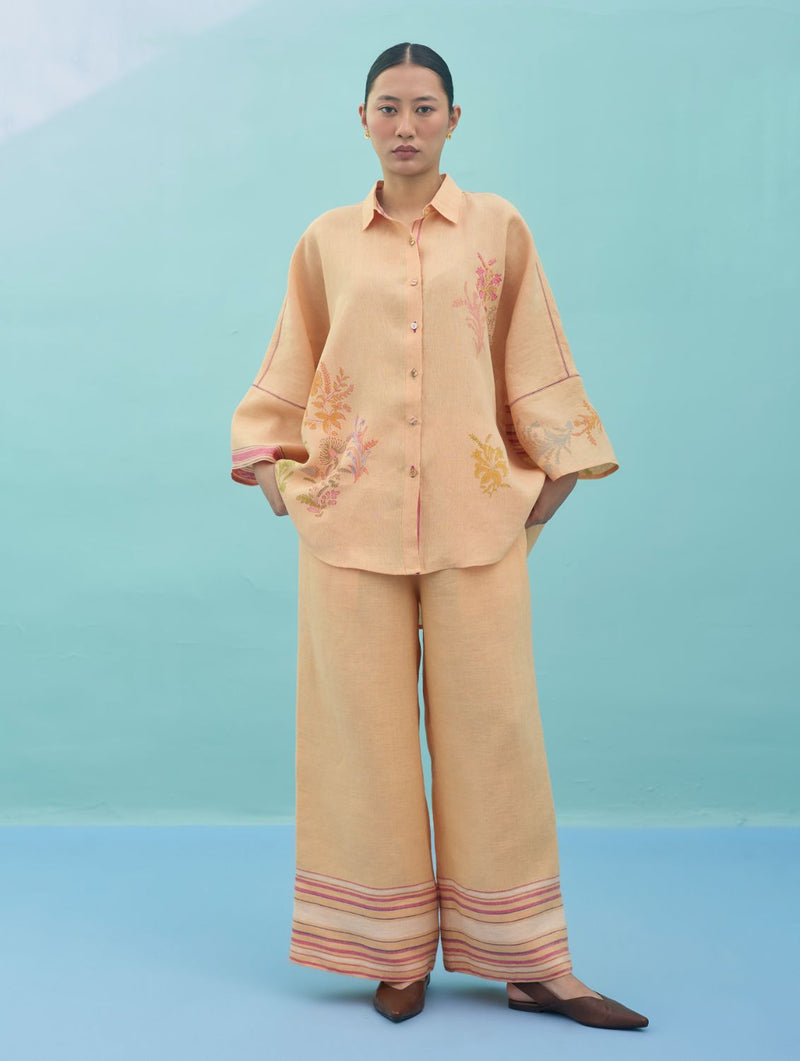 Iva Block Printed Floral Embroidered Shirt - Apricot linen top/shirt by Manan in apricot for women in Singapore