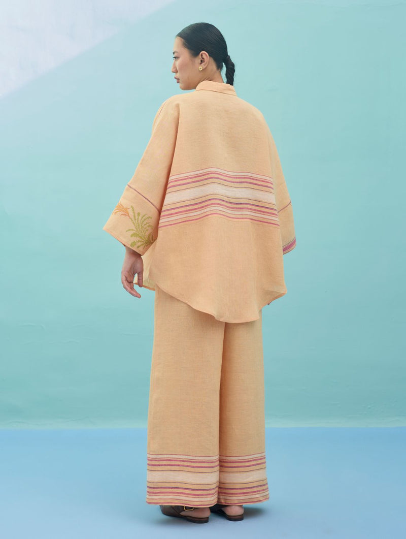 Iva Block Printed Floral Embroidered Shirt - Apricot linen top/shirt by Manan in apricot for women in Singapore