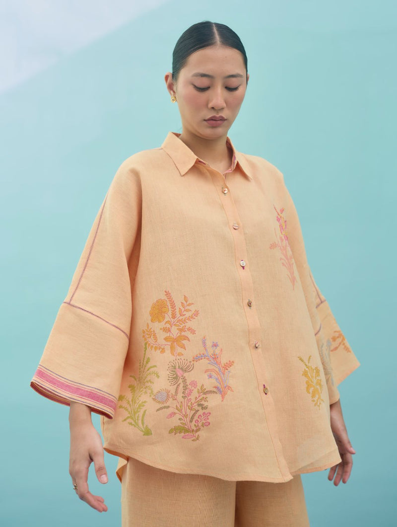 Iva Block Printed Floral Embroidered Shirt - Apricot linen top/shirt by Manan in apricot for women in Singapore