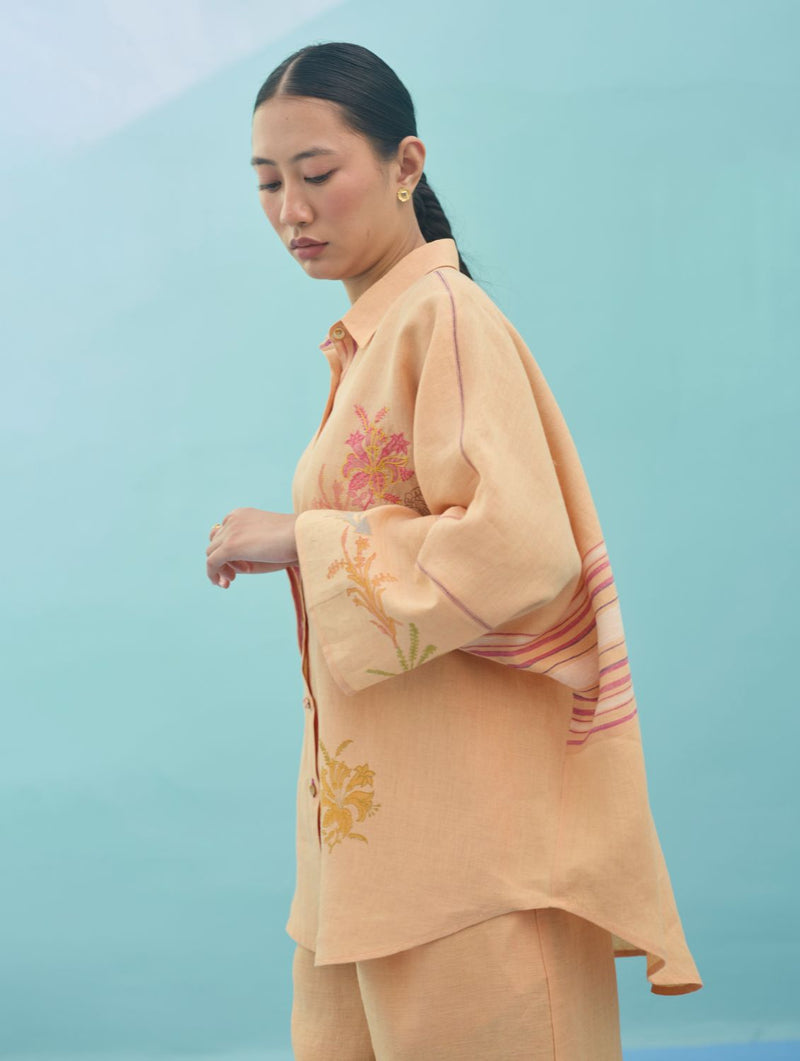 Iva Block Printed Floral Embroidered Shirt - Apricot linen top/shirt by Manan in apricot for women in Singapore
