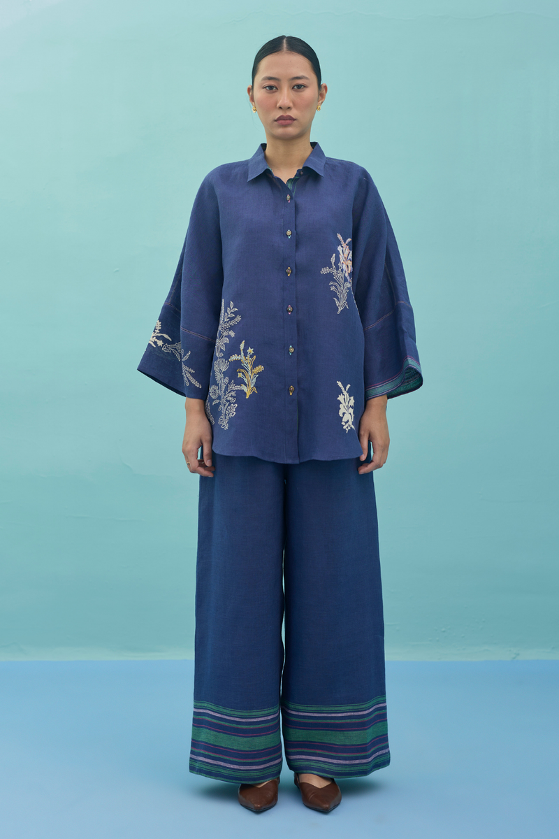 Iva Block Printed Floral Embroidered Shirt - Indigo linen top/shirt by Manan in navy for women in Singapore