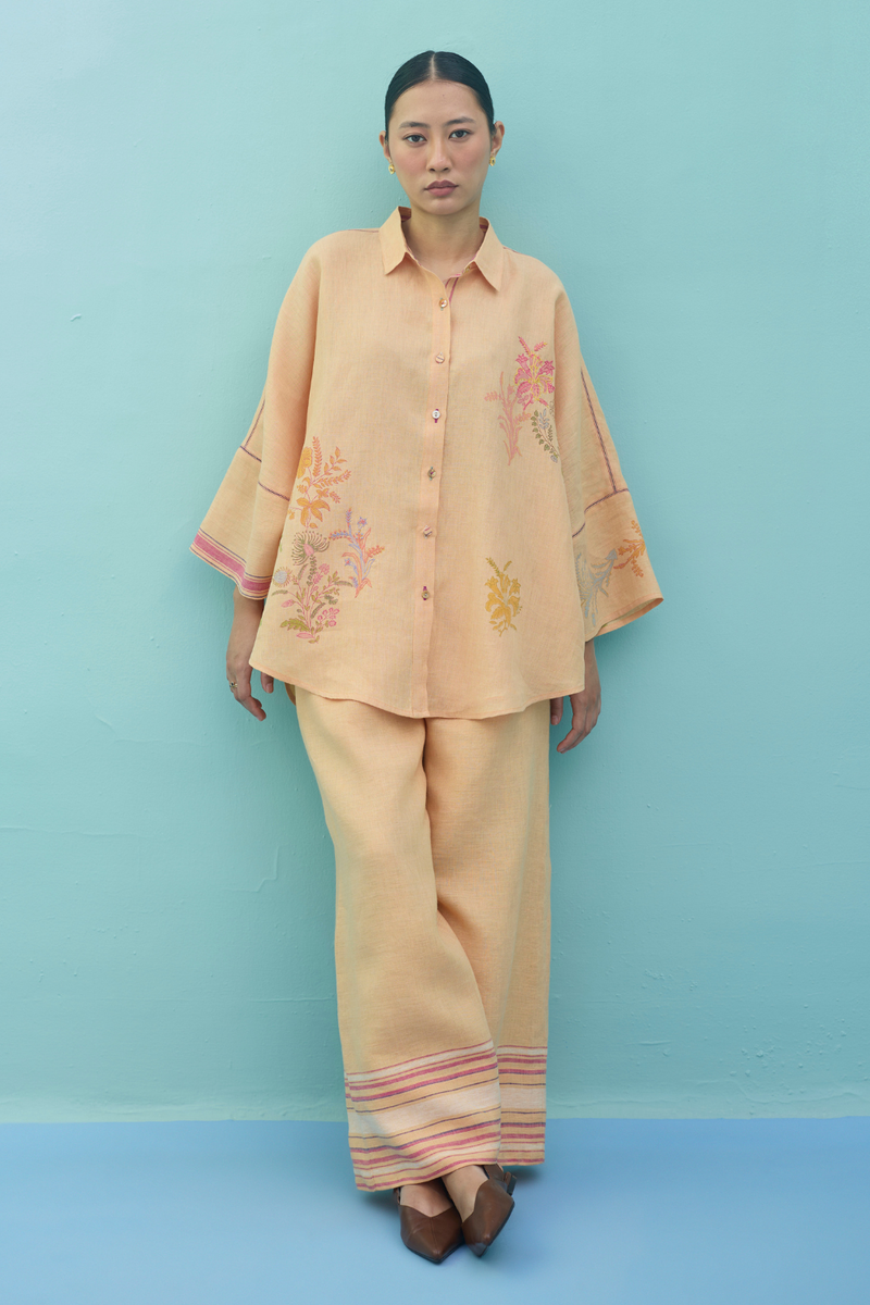 Iva Block Printed Floral Embroidered Shirt - Apricot linen top/shirt by Manan in apricot for women in Singapore