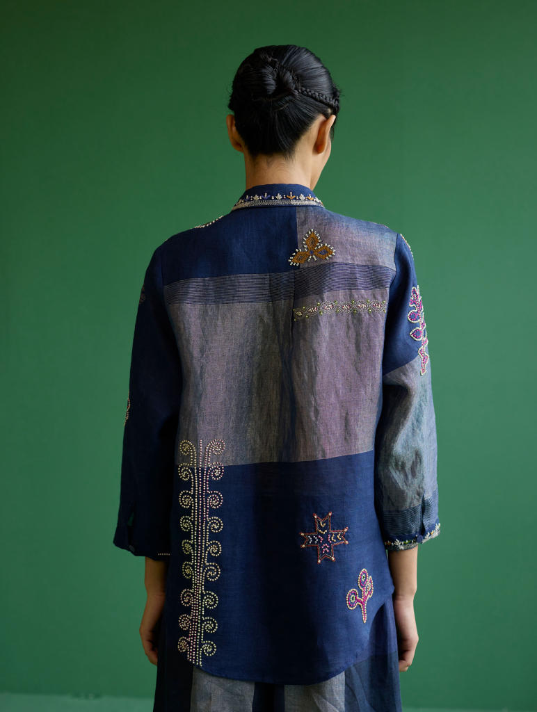 Tansa Hand-Embroidered Metallic Linen Shirt
 - Navy linen by Manan in navy color for women in Singapore