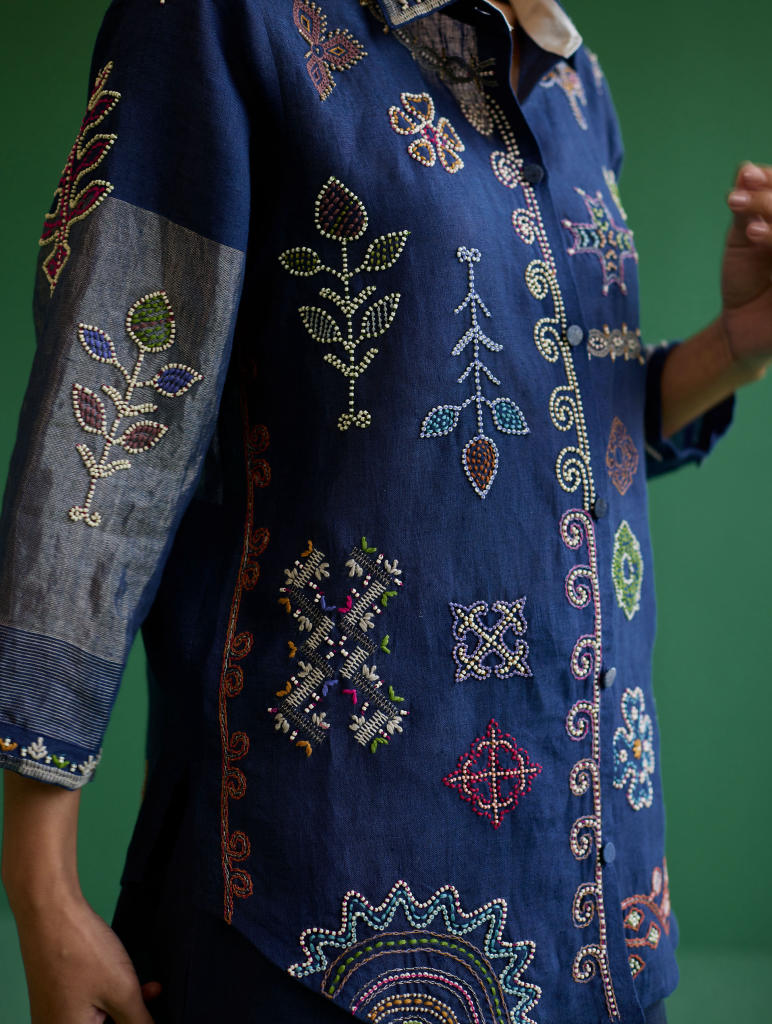 Tansa Hand-Embroidered Metallic Linen Shirt
 - Navy linen by Manan in navy color for women in Singapore
