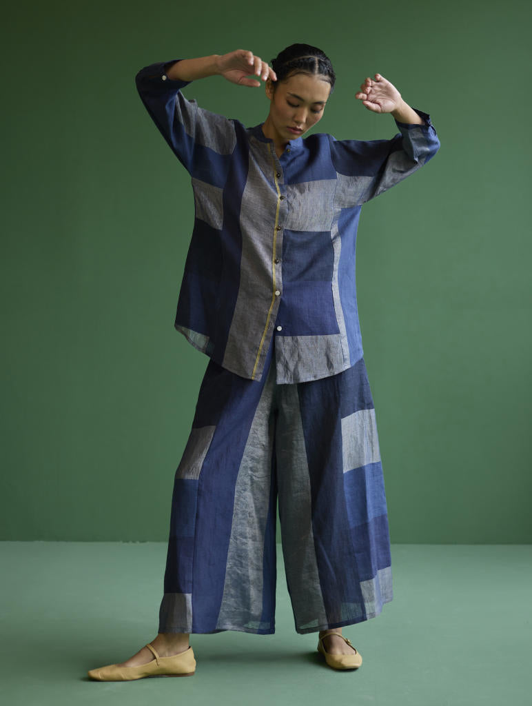 Izara Metallic Linen Co-ord Set - Navy linen by Manan in navy color for women in Singapore