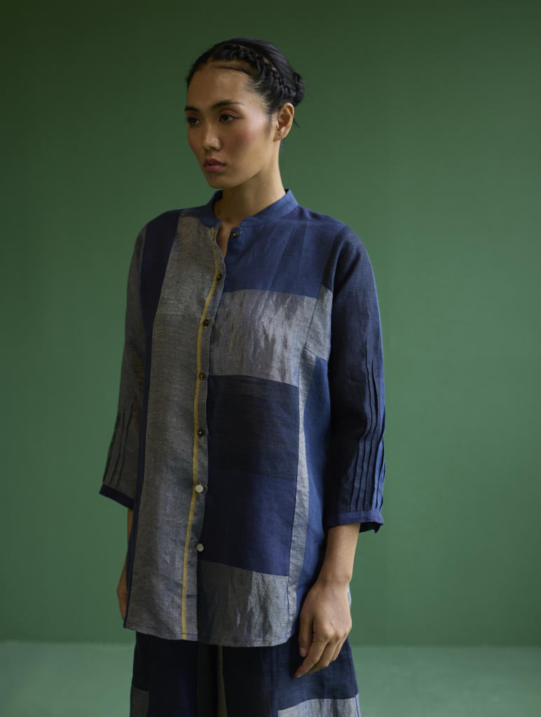 Izara Metallic Linen Co-ord Set - Navy linen by Manan in navy color for women in Singapore