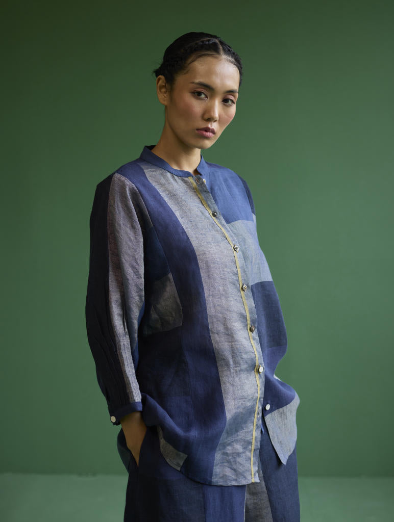 Izara Metallic Linen Co-ord Set - Navy linen by Manan in navy color for women in Singapore