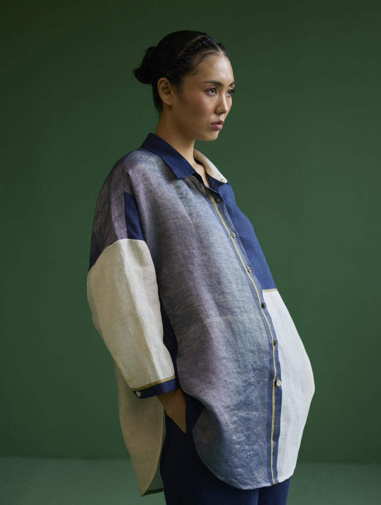 Esha Color-Blocked Co-ord Set
 - Navy linen by Manan in navy color for women in Singapore