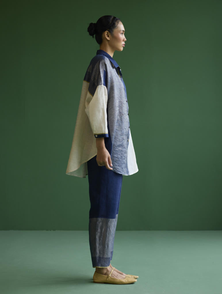 Esha Color-Blocked Co-ord Set
 - Navy linen by Manan in navy color for women in Singapore