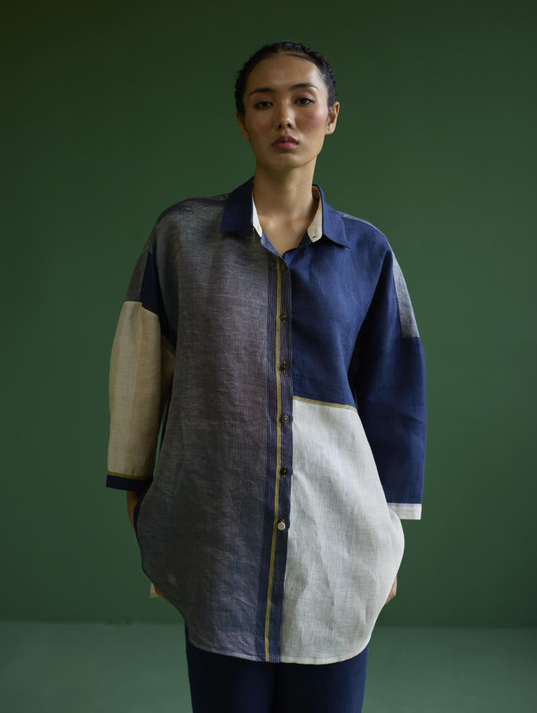 Esha Color-Blocked Co-ord Set
 - Navy linen by Manan in navy color for women in Singapore