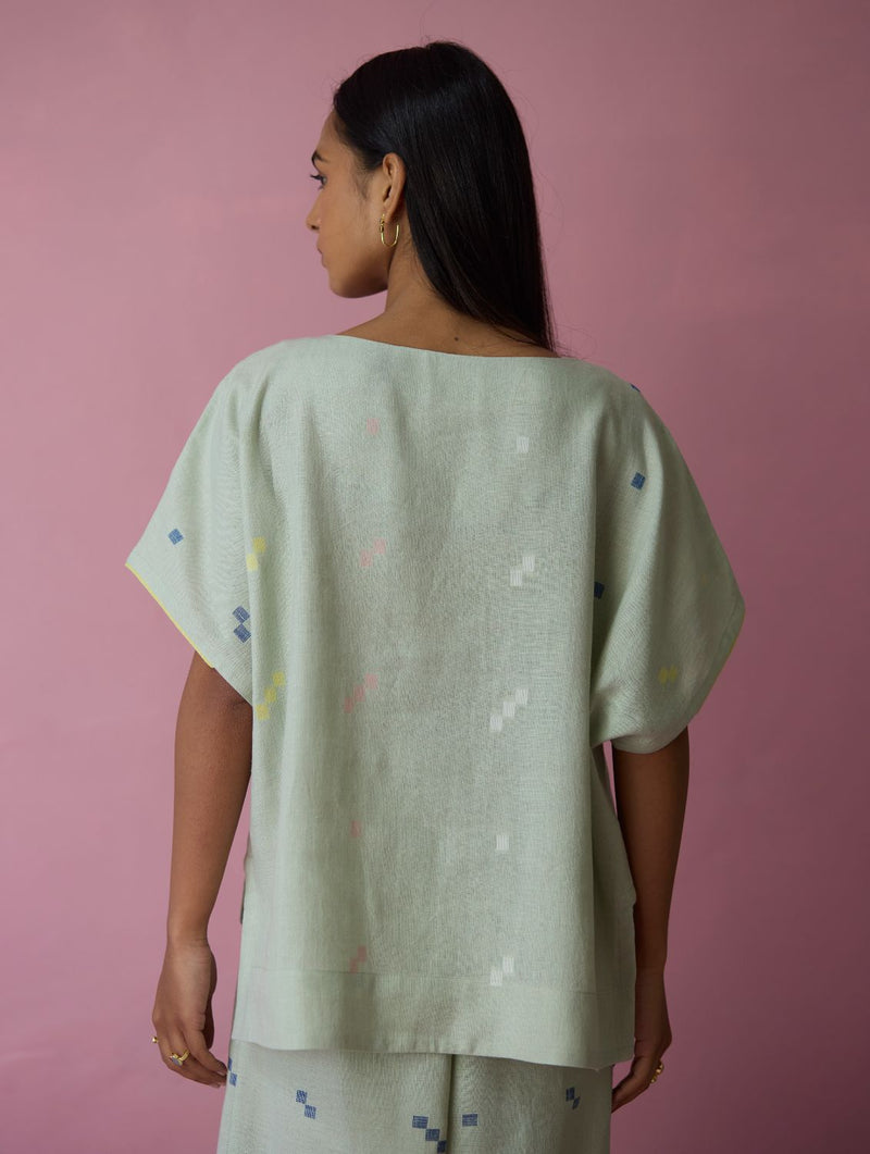 Kanni Hand-Embroidered Jamdani Co-ord Set - Aqua all linen by Manan for women in Singapore