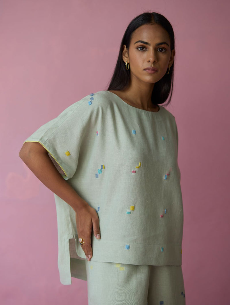 Kanni Hand-Embroidered Jamdani Co-ord Set - Aqua all linen by Manan for women in Singapore