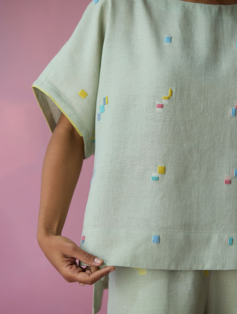 Kanni Hand-Embroidered Jamdani Co-ord Set - Aqua all linen by Manan for women in Singapore