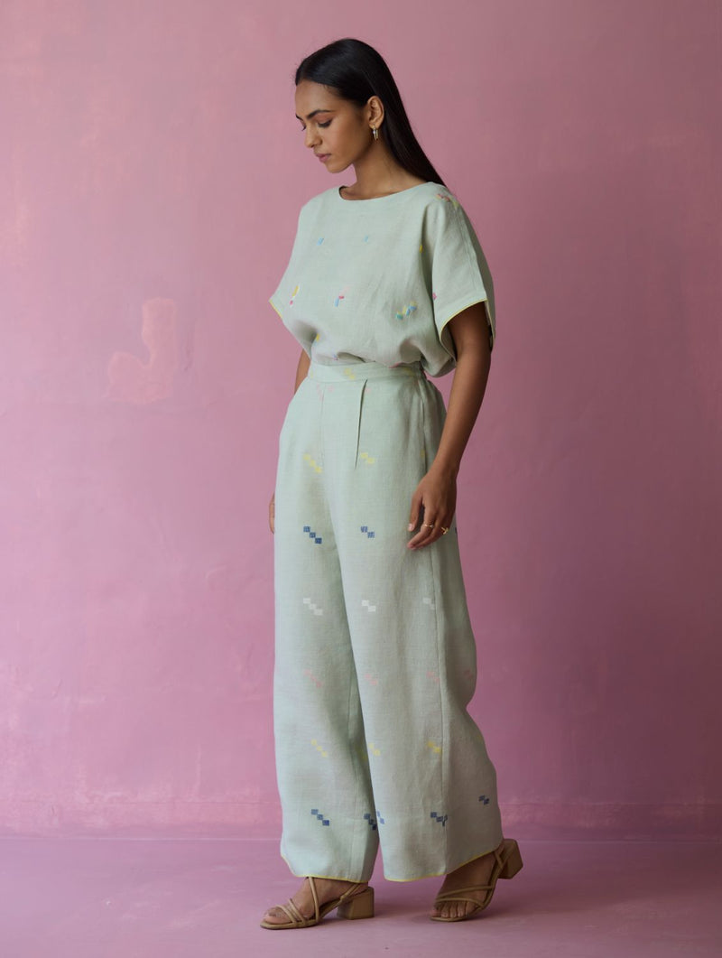 Kanni Hand-Embroidered Jamdani Co-ord Set - Aqua all linen by Manan for women in Singapore
