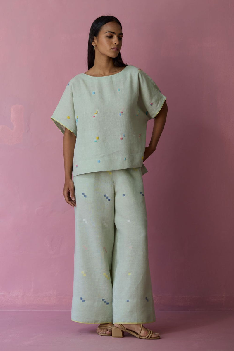 Kanni Hand-Embroidered Jamdani Co-ord Set - Aqua all linen by Manan for women in Singapore
