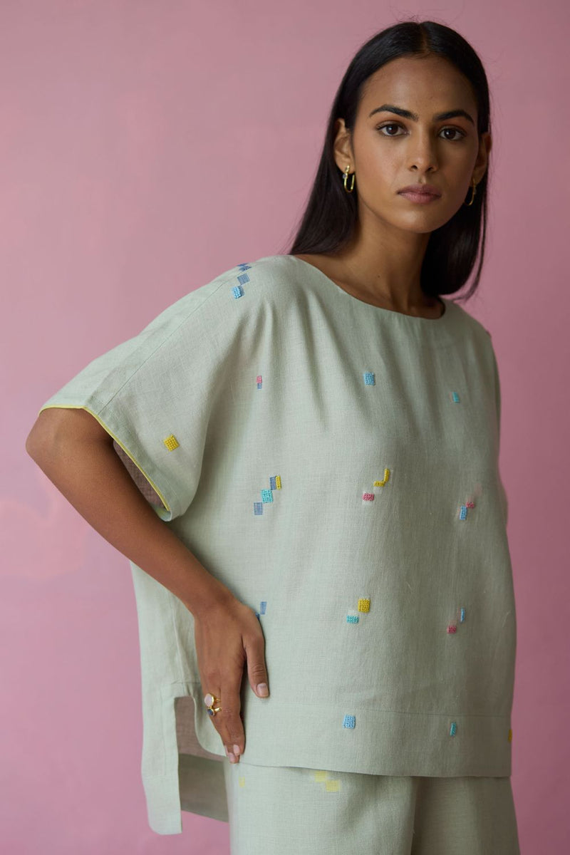 Kanni Hand-Embroidered Jamdani Co-ord Set - Aqua all linen by Manan for women in Singapore