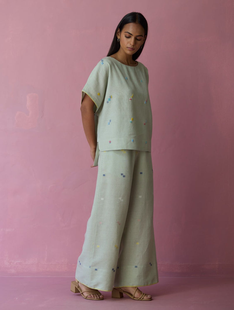 Kanni Hand-Embroidered Jamdani Co-ord Set - Aqua all linen by Manan for women in Singapore