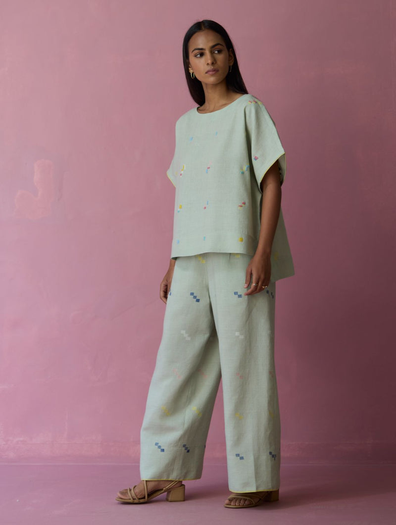 Kanni Hand-Embroidered Jamdani Co-ord Set - Aqua all linen by Manan for women in Singapore