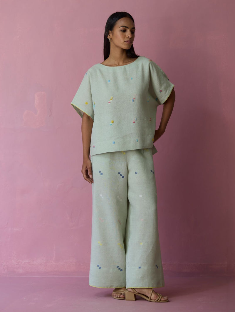 Kanni Hand-Embroidered Jamdani Co-ord Set - Aqua all linen by Manan for women in Singapore