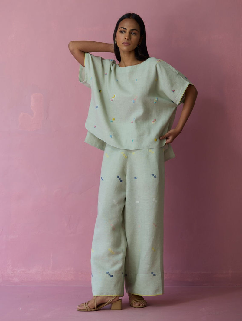 Kanni Hand-Embroidered Jamdani Co-ord Set - Aqua all linen by Manan for women in Singapore