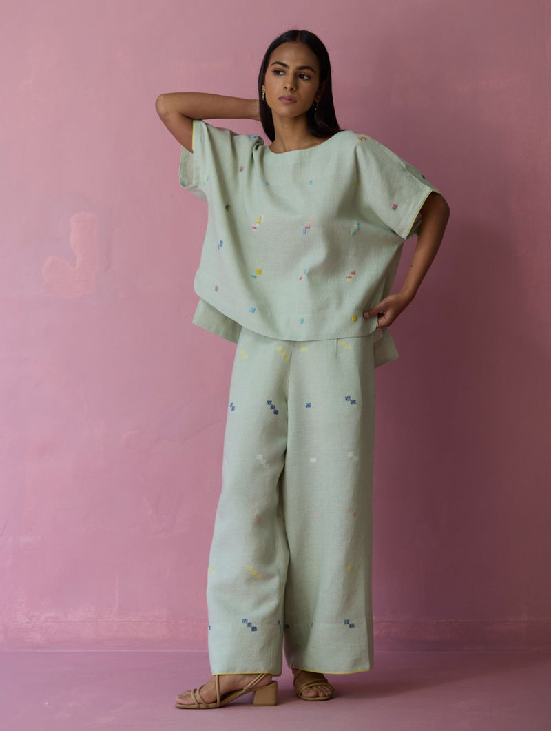 Kanni Hand-Embroidered Jamdani Co-ord Set - Aqua all linen by Manan for women in Singapore