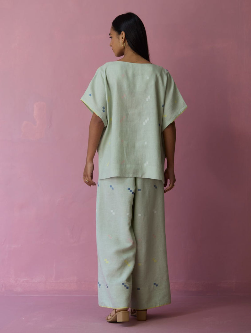 Kanni Hand-Embroidered Jamdani Co-ord Set - Aqua all linen by Manan for women in Singapore