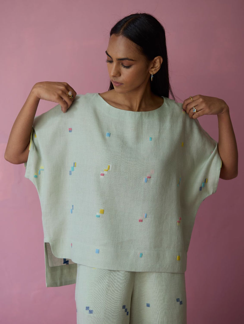 Kanni Hand-Embroidered Jamdani Co-ord Set - Aqua all linen by Manan for women in Singapore