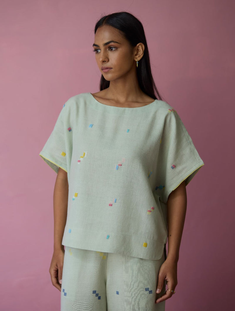 Kanni Hand-Embroidered Jamdani Co-ord Set - Aqua all linen by Manan for women in Singapore