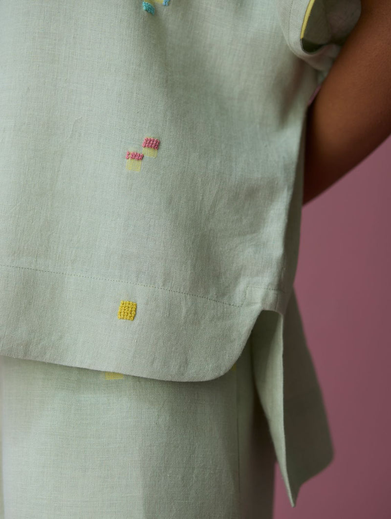 Kanni Hand-Embroidered Jamdani Co-ord Set - Aqua all linen by Manan for women in Singapore