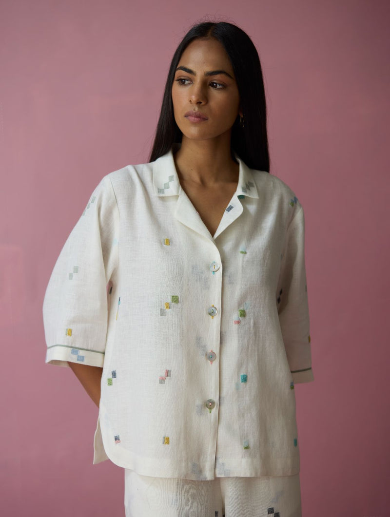 Imri Cuban Collar Jamdani Linen Shirt - Ivory