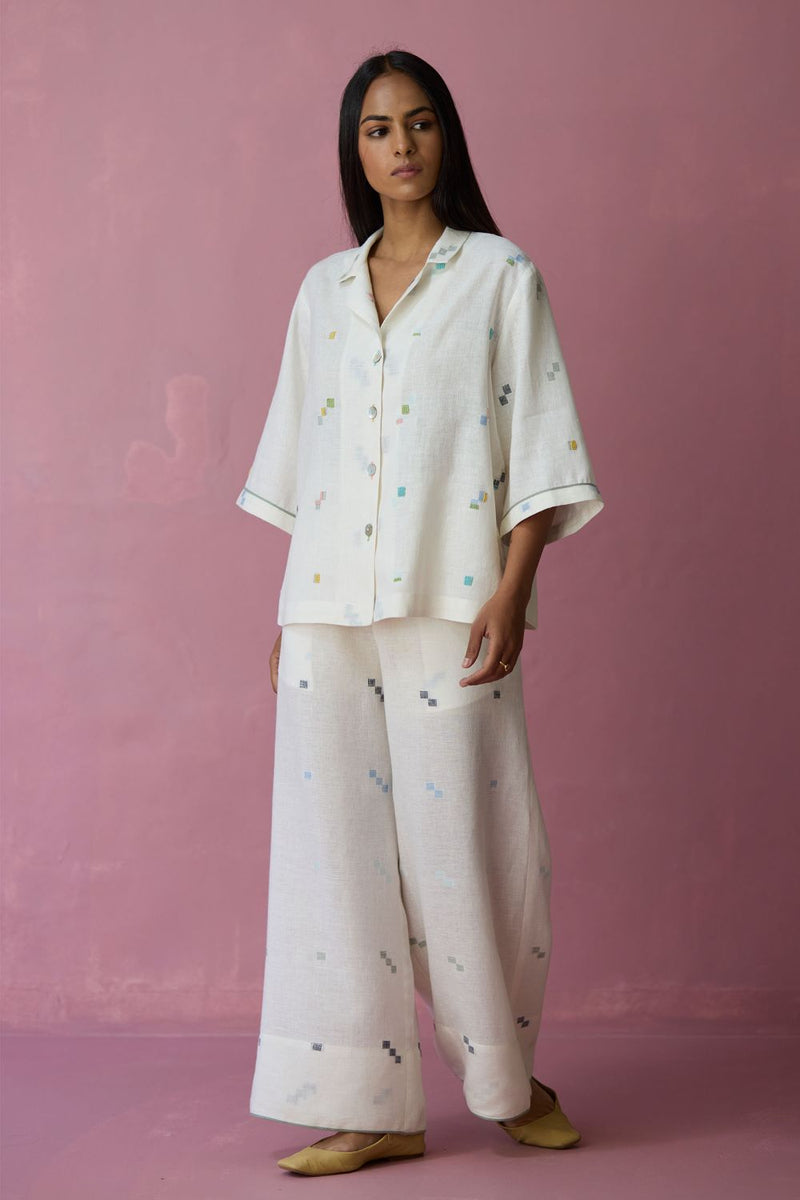 Imri Cuban Collared Jamdani Linen Co-ord Set - Ivory all linen by Manan in ivory color for women in Singapore