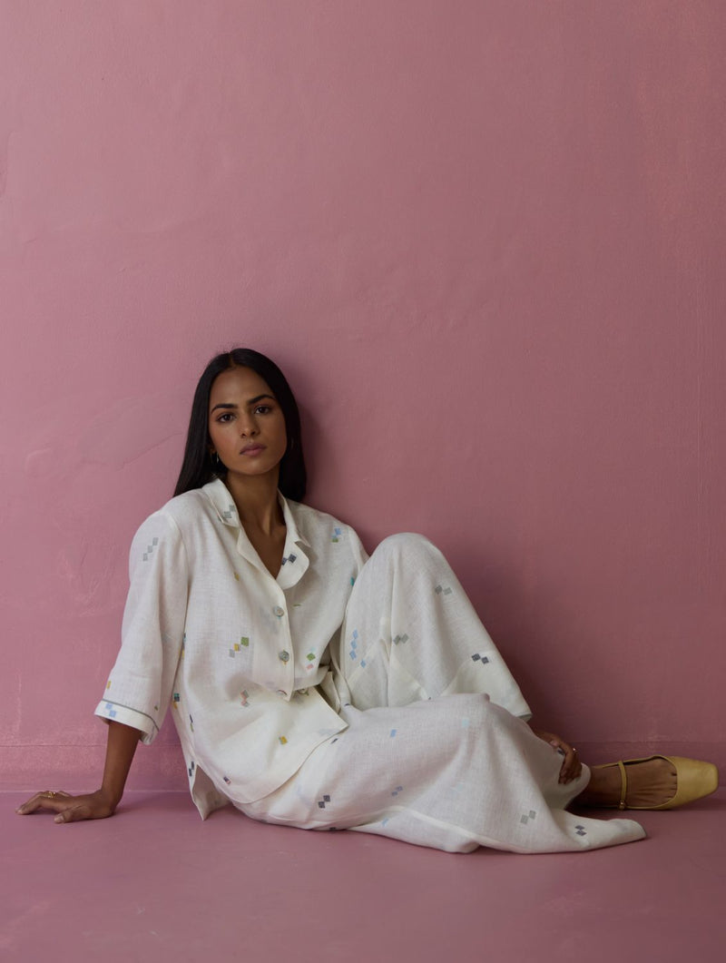 Imri Cuban Collared Jamdani Linen Co-ord Set - Ivory all linen by Manan in ivory color for women in Singapore